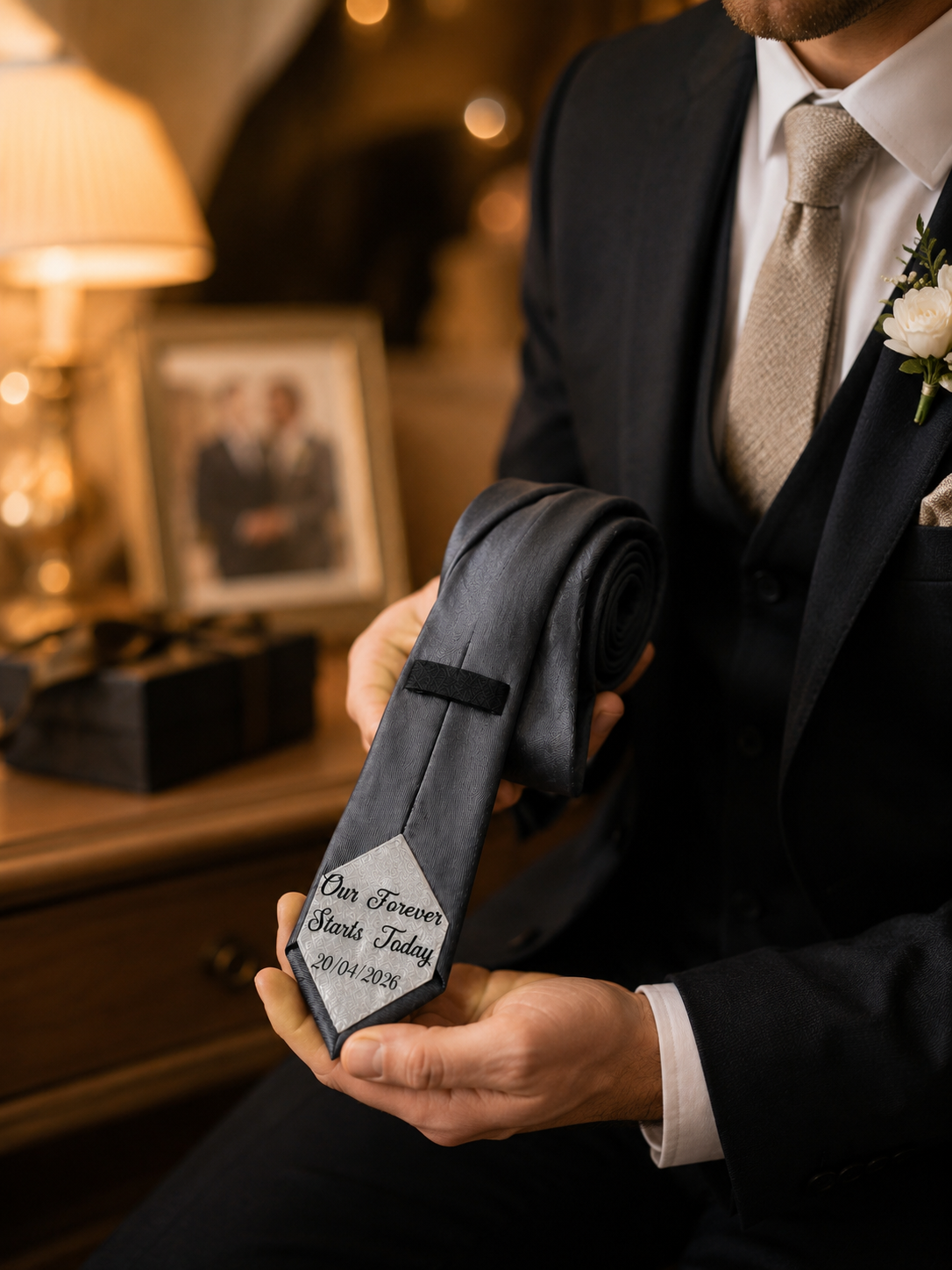 Personalised wedding tie tag with a message and date