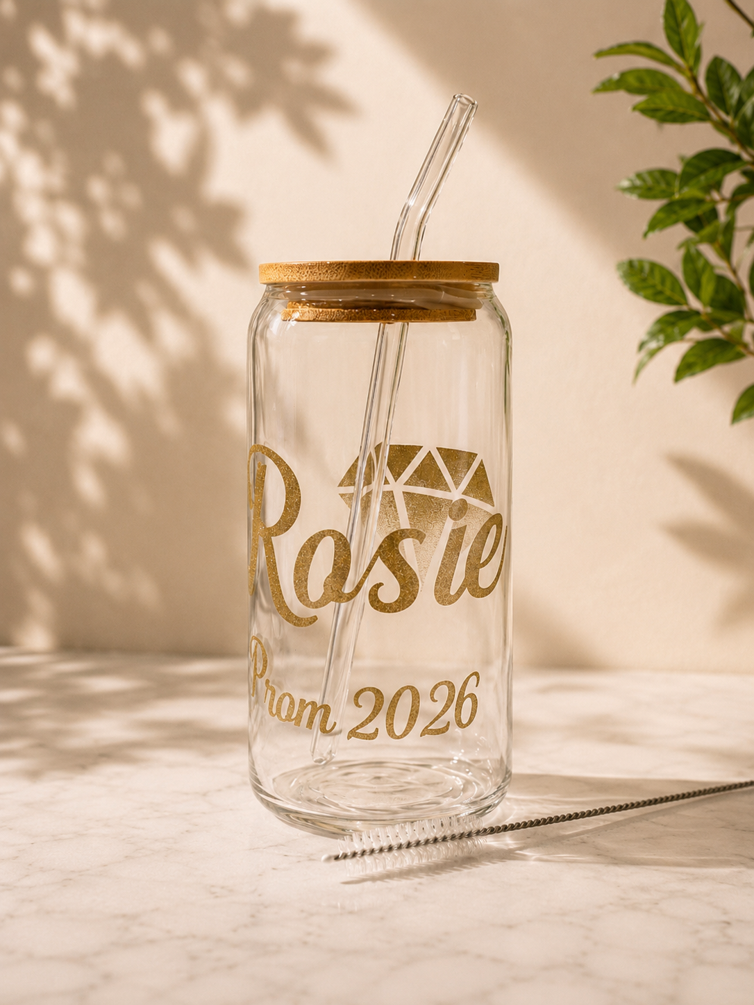 Personalised glass tumbler with custom lettering