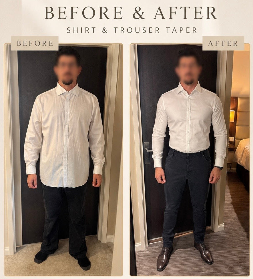 Professional shirt and trouser alterations in Doncaster, expertly taken in and tapered for a sharper, tailored fit.